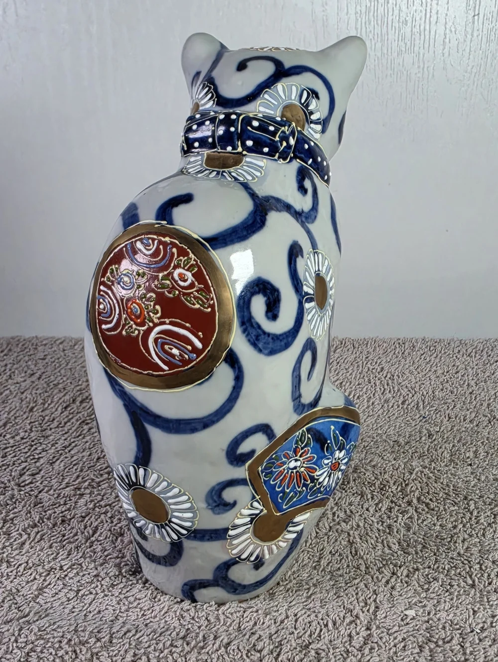 Decorative White and Blue Kutani Porcelain Cat Figurine with Gold Accents